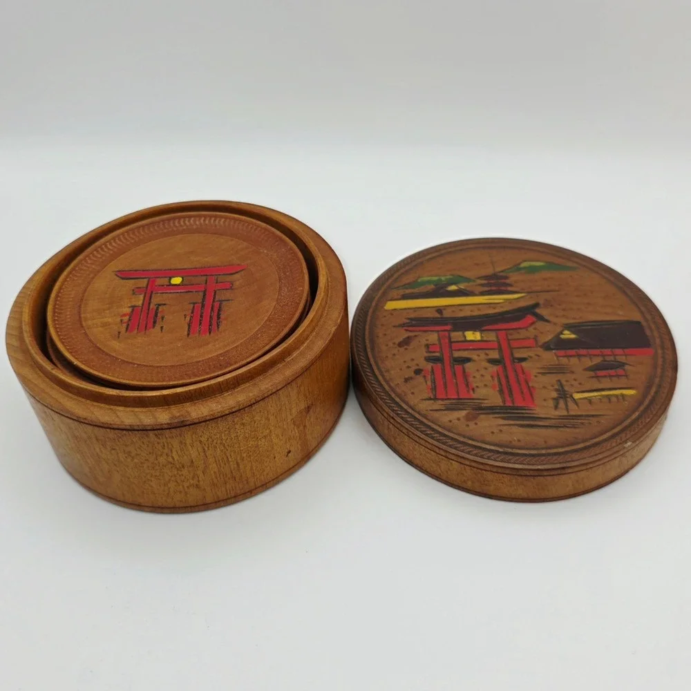 Vintage Japanese Torii Gate Wooden Coaster Set‎ with Storage Box